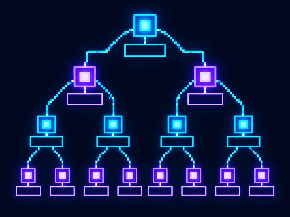 A binary tree of pixel nodes, each placing a tile