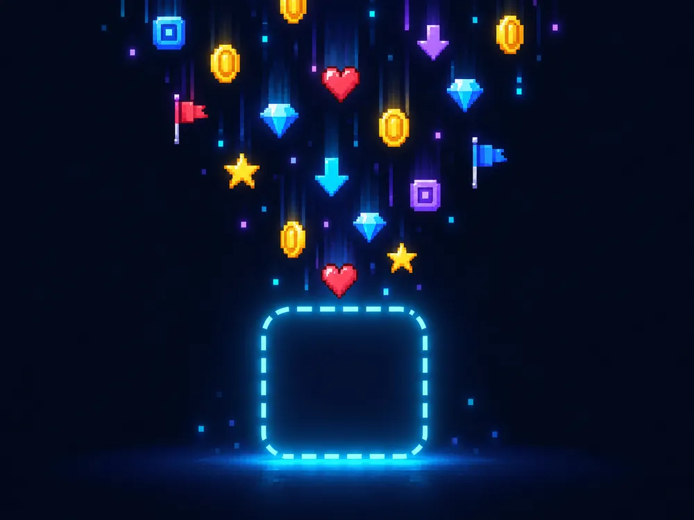 Small pixel icons falling into a glowing drop zone