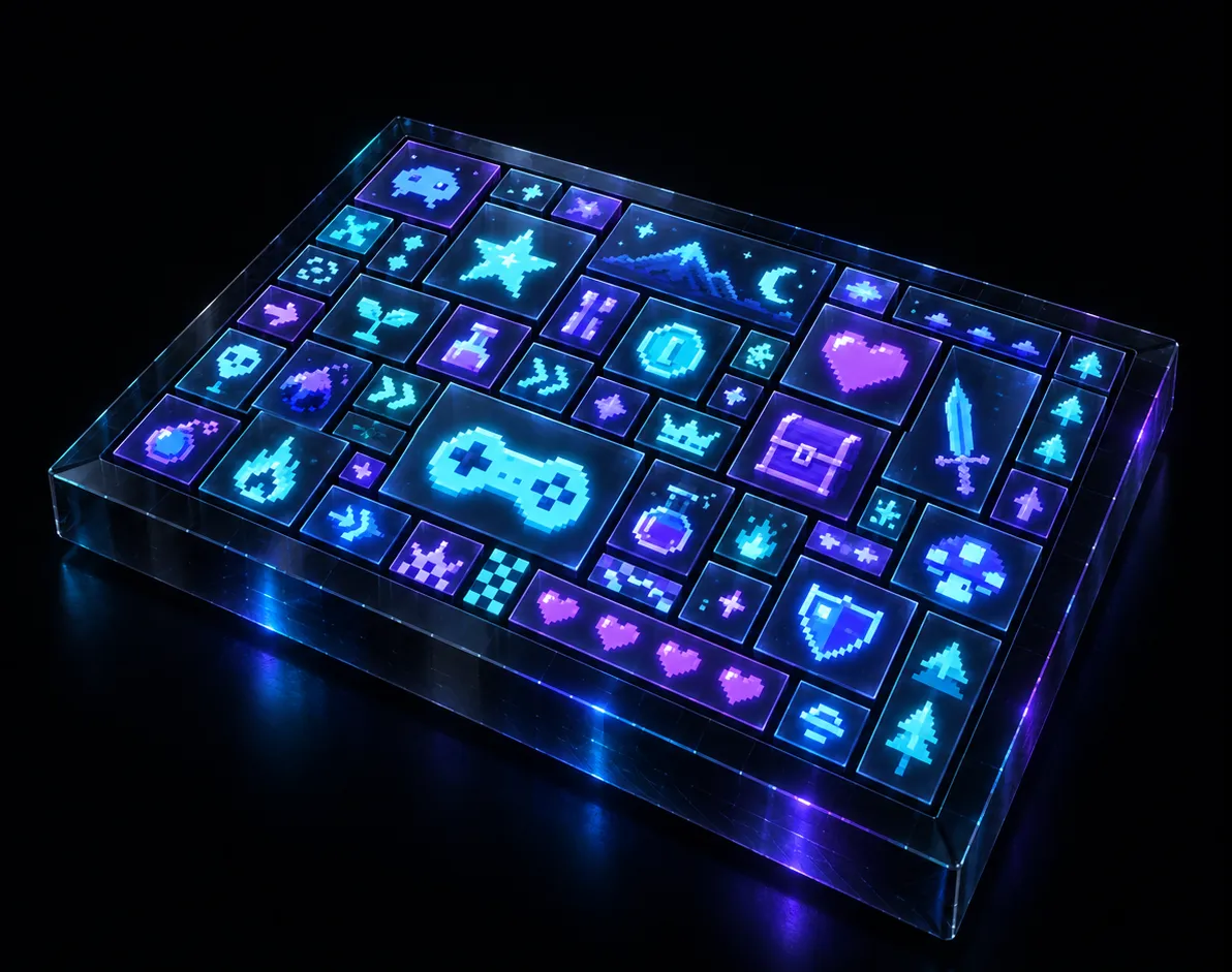 Glowing pixel sprites packed edge to edge on a glass slab