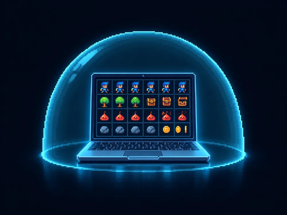 A laptop under a glowing shield, nothing leaving it