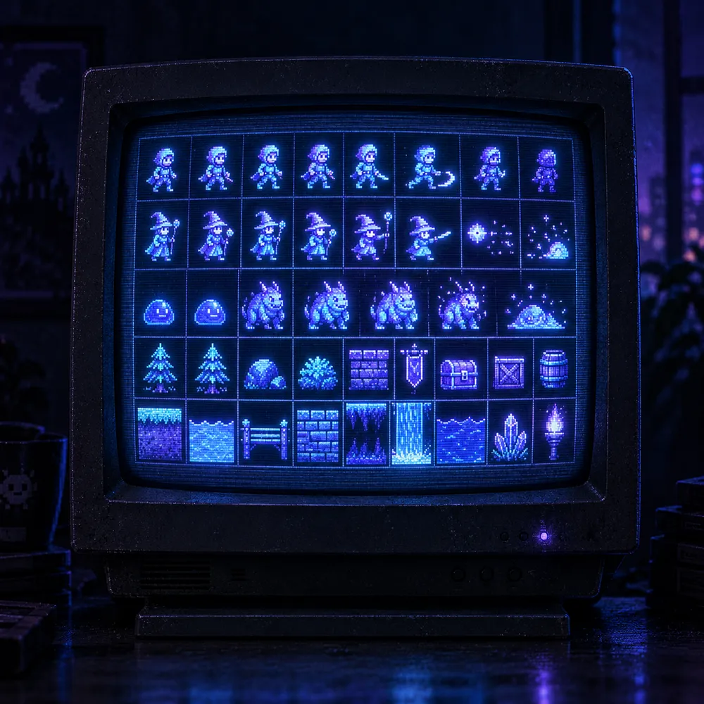 A retro monitor showing a sprite sheet grid