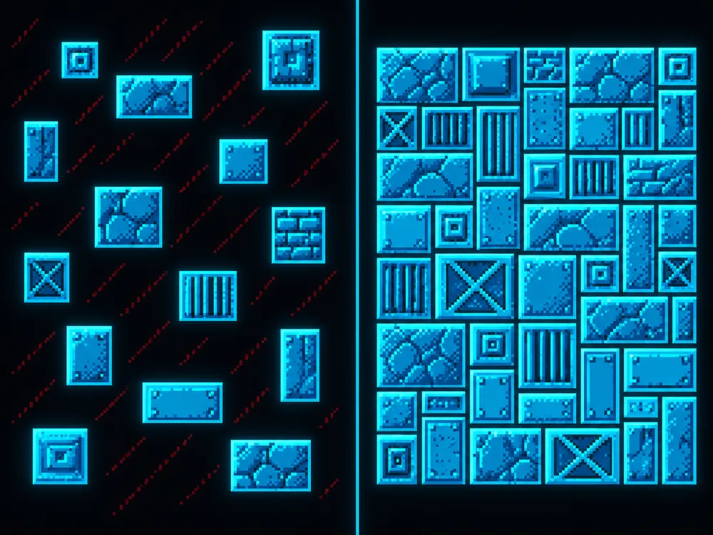 Left, sprites packed loosely with wasted gaps. Right, the same sprites packed with no gaps